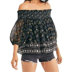 Free People Bohemian Beaded Off Shoulders Age Of Aquarius Paisley Top Small